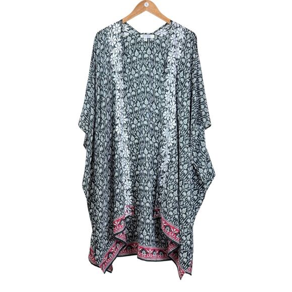 Karyn Seo Silk Black White Pattern Open Front Embroidered Floral Trim Kimono - Picture 7 of 10